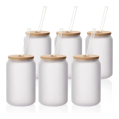 13 OZ sublimação latas de vidro em branco fosco com tampa de bambu e palha de vidro transparente